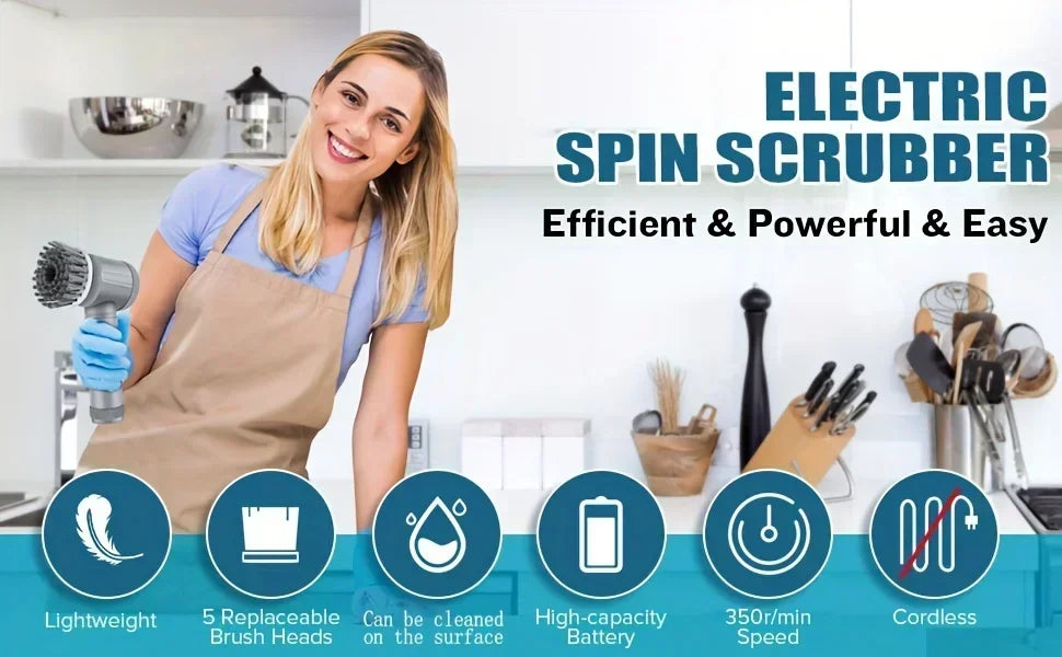 Cordless Electric Spin Scrubber with 5 Brush Heads